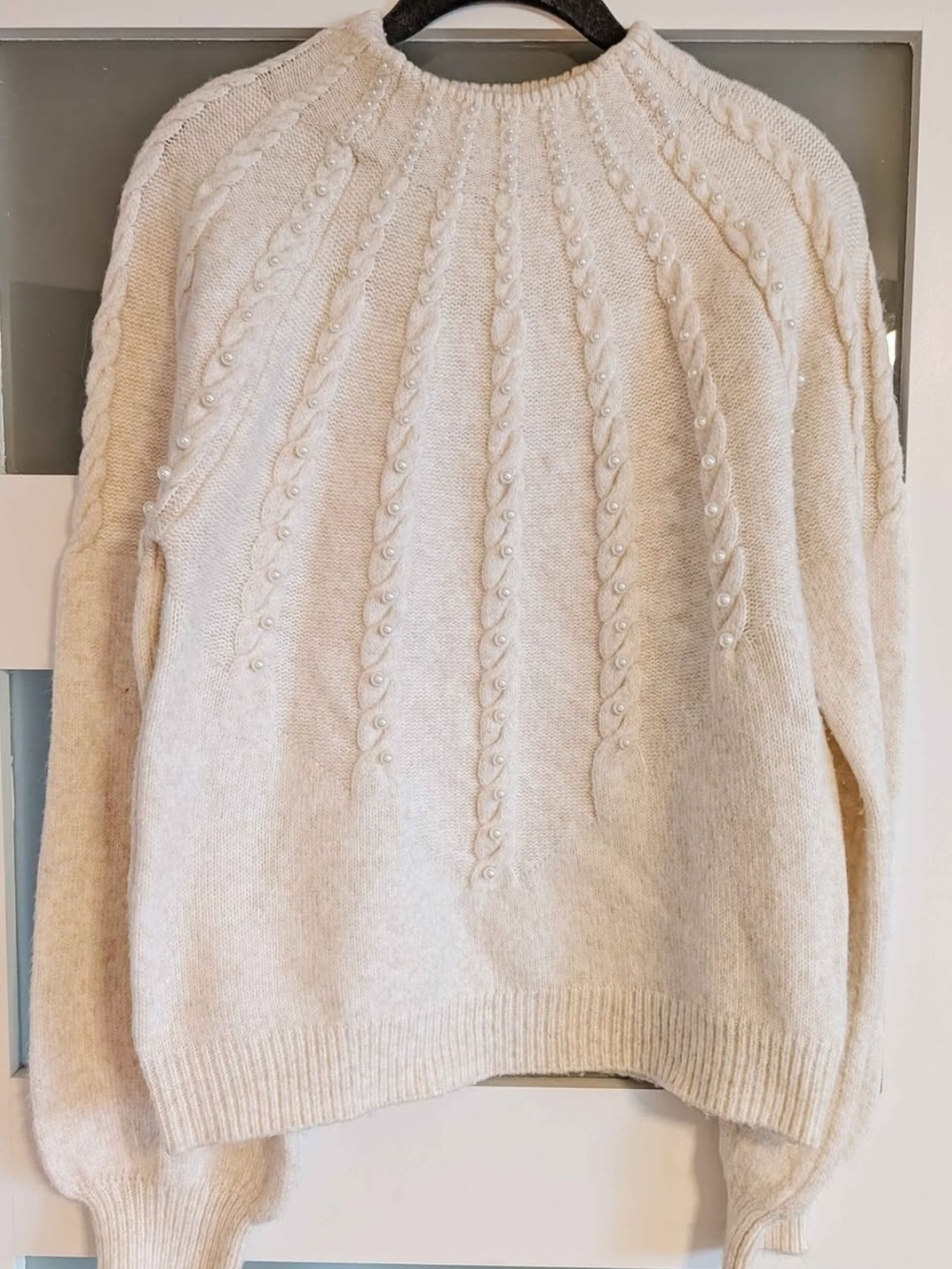Women’s Cream Cable-Knit Pearl-Accent Sweater